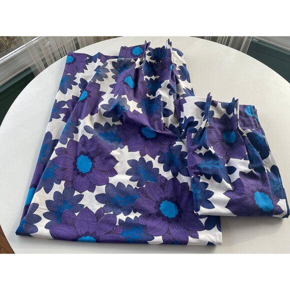 Vintage 70s pleated curtains, floral purple blue flower power, pair of panels - Picture 5 of 10